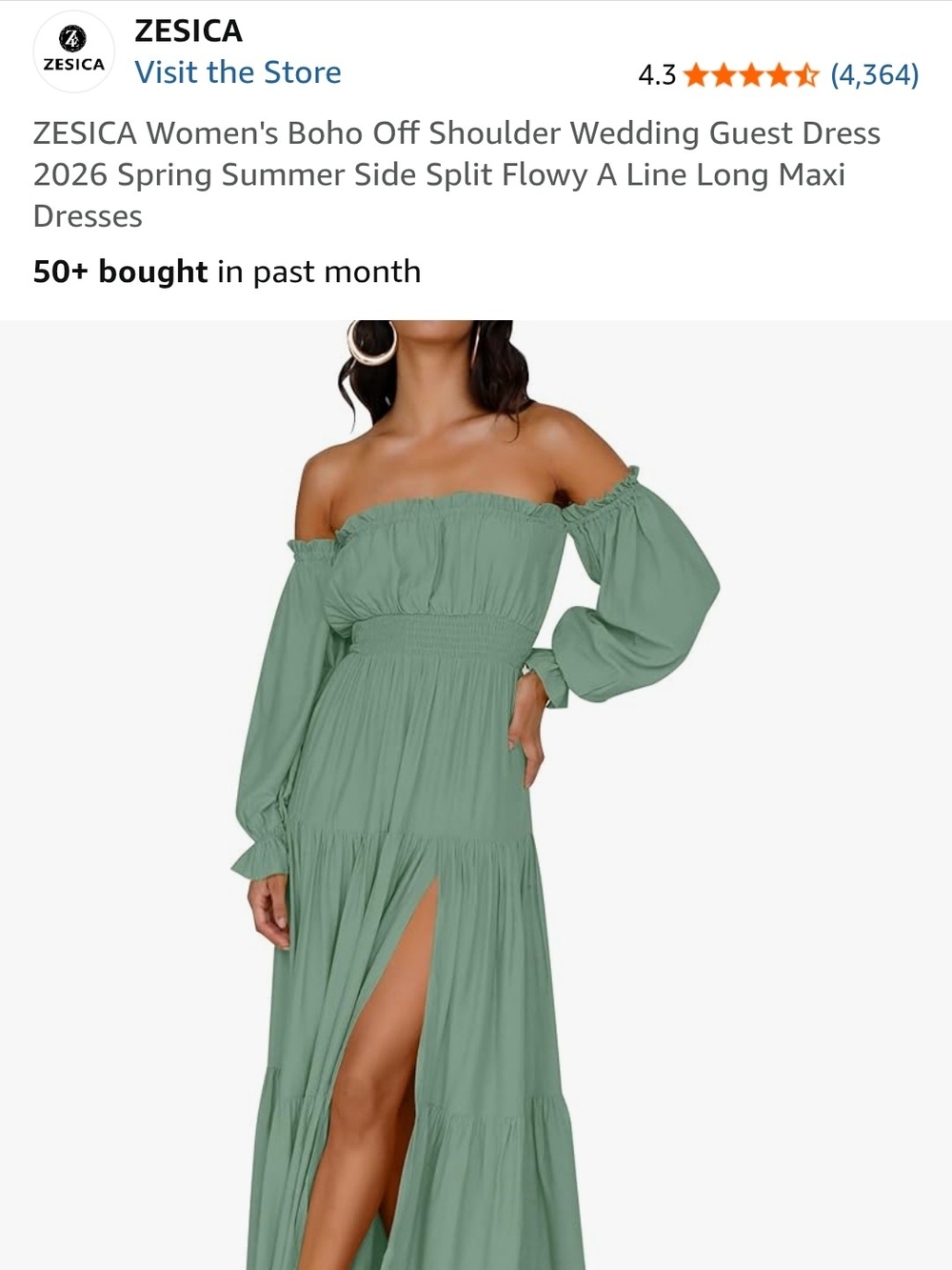 ZESICA Sage Green Off-Shoulder Maxi Dress with Side Slit